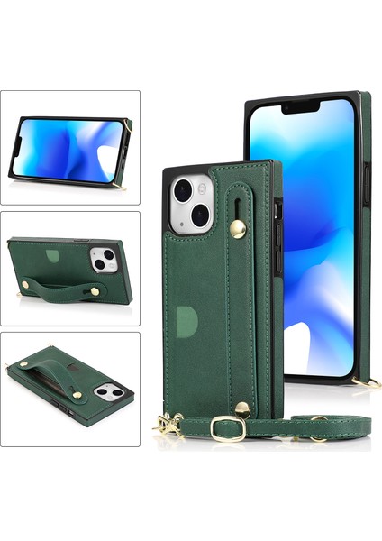 Apple iPhone14 Plus Için Vaka Şok Geçirmez Pu Deri Kaplamalı Tpu Strap Kickstand Koruyucu Arka Kapak Yeşili (Yurt Dışından)