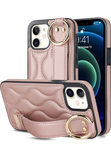 Apple iPhone12 Mini Case Wave Desen Pu+Tpu Kickstand Telefon Kapak Golü Altın (Yurt Dışından)