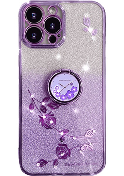 Apple iPhone13 Pro 6.1 Inç Halka Kickstand Çiçek Deseni Glitter Geri Kapak Morası (Yurt Dışından)