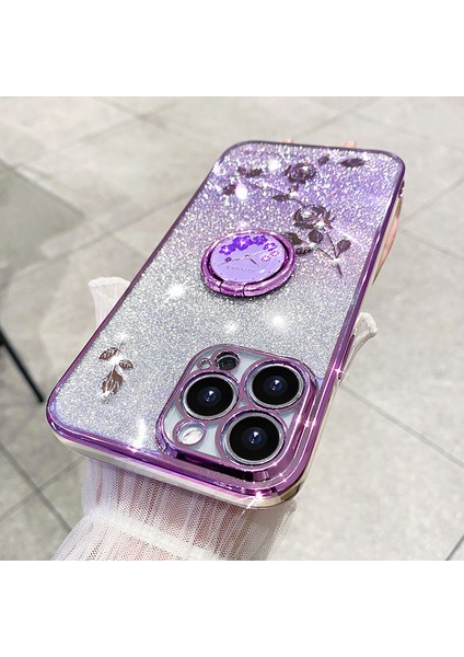 Apple iPhone13 Pro 6.1 Inç Halka Kickstand Çiçek Deseni Glitter Geri Kapak Morası (Yurt Dışından)