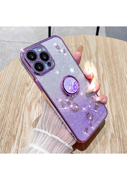 Apple iPhone13 Pro 6.1 Inç Halka Kickstand Çiçek Deseni Glitter Geri Kapak Morası (Yurt Dışından)