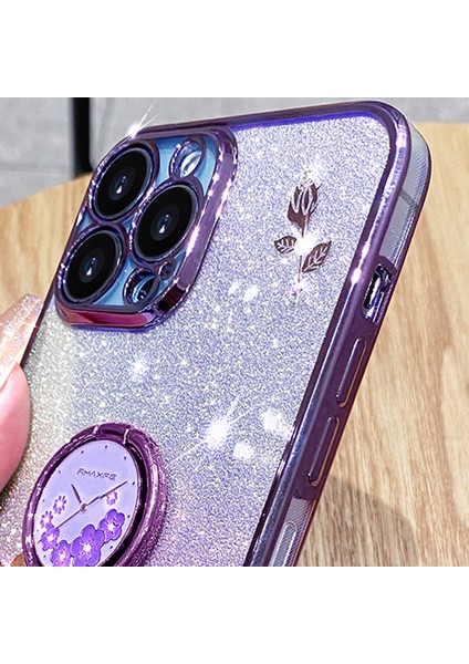 Apple iPhone13 Pro 6.1 Inç Halka Kickstand Çiçek Deseni Glitter Geri Kapak Morası (Yurt Dışından)