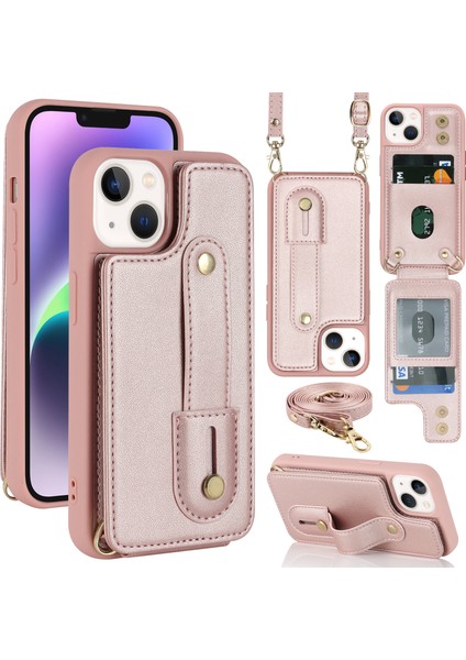 Apple iPhone15 Plus Kart Yuvaları Için Kickstand Kutusu Pu Deri Kaplamalı Tpu Telefon Kapağı Omuz Askılı-Rose Altın (Yurt Dışından)