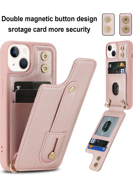 Apple iPhone15 Plus Kart Yuvaları Için Kickstand Kutusu Pu Deri Kaplamalı Tpu Telefon Kapağı Omuz Askılı-Rose Altın (Yurt Dışından) modelleri