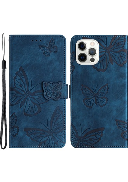 Apple iPhone15 Pro Baskılı Kelebekler Için Stand Kapağı Telefon Kılıfı Strap-Mavi (Yurt Dışından)