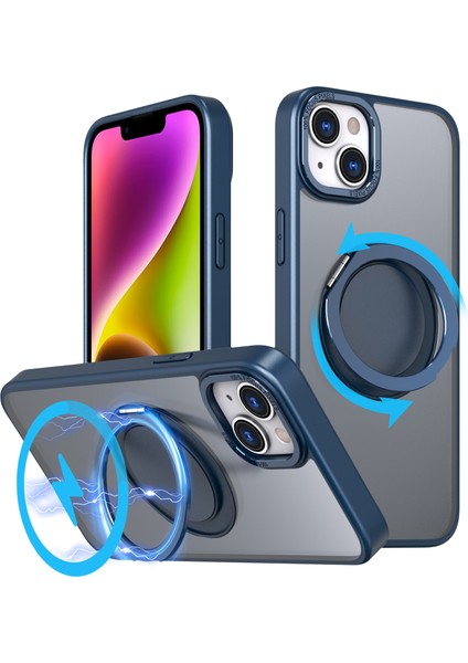 Apple iPhone14 Plus Manyetik Telefon Kılıfı Gizli Dişli Rotary Halkası Kickstand-Navy Blue (Yurt Dışından)