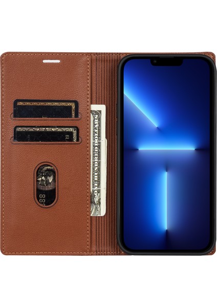 Apple iPhone13 Pro Max 6.7 Inç Için Manyetik Kasa Deri Anti-Düşme Kartı Yuvası Kapak Kahverengi (Yurt Dışından)