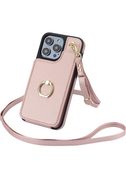 Apple iPhone14 Pro Max Case Crossbody Tpu+Pu Deri Yüzük Tutucu Kickstand Cep Telefonu Kapak Gül Altın (Yurt Dışından)