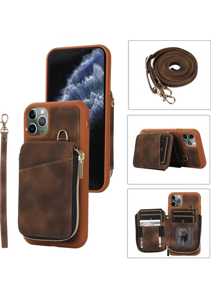 Apple iPhone11 Pro Cep Telefonu Kılıfı Damla Kanıtı Pu Deri+Tpu Kickstand Cover-Brown (Yurt Dışından)