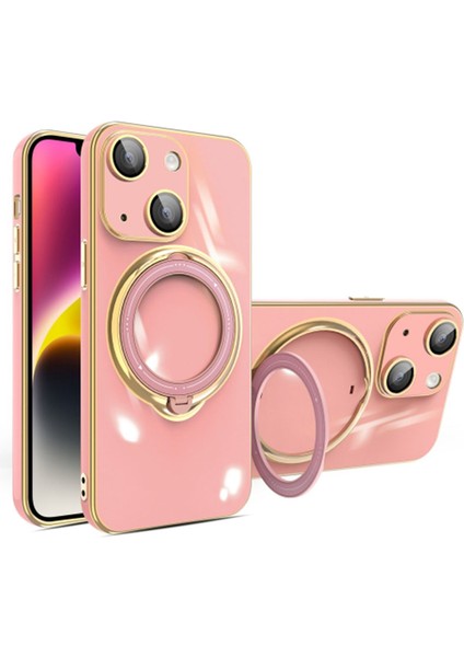 Apple iPhone14 Plus Soft Tpu Elektraplatma Kılıfı Rotary Kickstand Anti-Fall Koruyucu Kapak Lens Film-Pembe (Yurt Dışından)