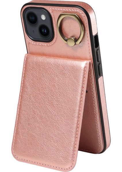 Apple iPhone14 Vaka Yüzüğü Kickstand Litchi Doku Pu Derisi+Tpu Telefon Kapak Çizgi Altın (Yurt Dışından)