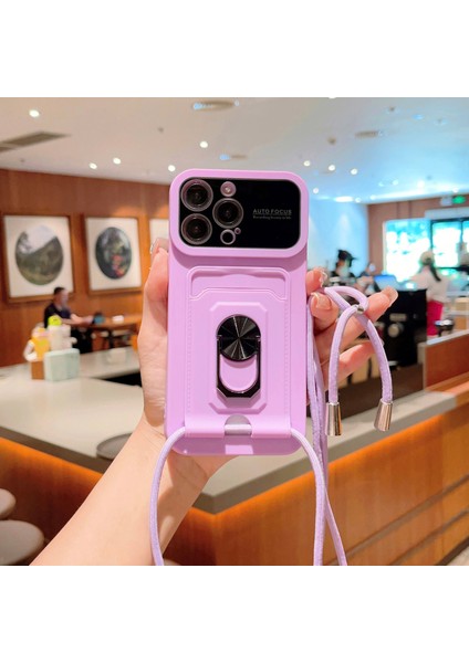 Apple iPhone12 Pro Max Için 6.7 Inç Kart Sahibi Pc+Tpu Kılıf Ring Long Strap-Purple ile Telefon Kapağı (Yurt Dışından)