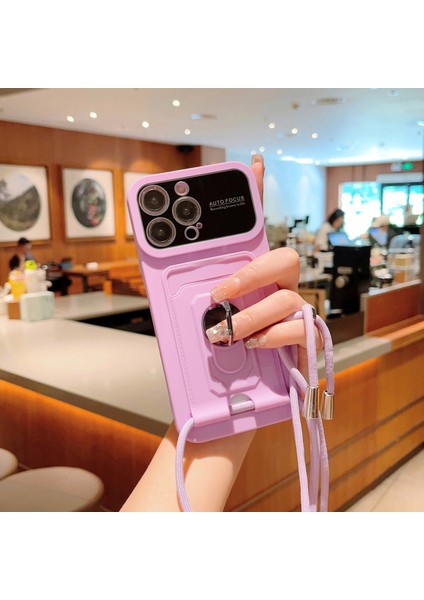 Apple iPhone12 Pro Max Için 6.7 Inç Kart Sahibi Pc+Tpu Kılıf Ring Long Strap-Purple ile Telefon Kapağı (Yurt Dışından)