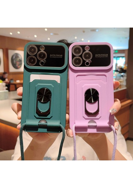 Apple iPhone12 Pro Max Için 6.7 Inç Kart Sahibi Pc+Tpu Kılıf Ring Long Strap-Purple ile Telefon Kapağı (Yurt Dışından)