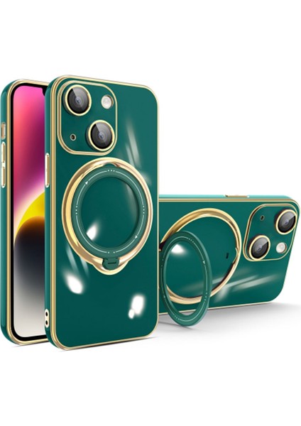 Apple iPhone14 Plus Yumuşak Tpu Elektraplatma Kılıfı Rotary Kickstand Anti-Fall Koruyucu Kapak Lens Film-Blackish Green (Yurt Dışından)