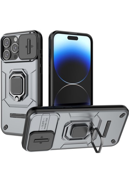 Apple iPhone14 Pro Pc+Tpu Telefon Kasası Slayt Lens Koruması Kickstoste Sack Cover-Grey Için (Yurt Dışından)