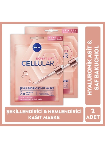 NIVEA Cellular Expert Lift Doğal Retinol Alternatifi Saf Bakuchiol ve Hyaluronik Asit içeren  Karşıtı ve Nemlendirici Yüz Kağıt Maske X2 Adet