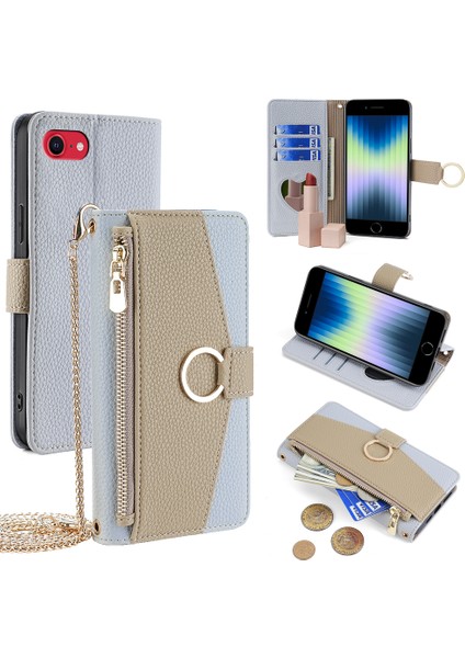 Apple iPhone 7/8 Case Metal Ring Zipper Cep Crossbody Telefon Kapak Mavisi (Yurt Dışından)