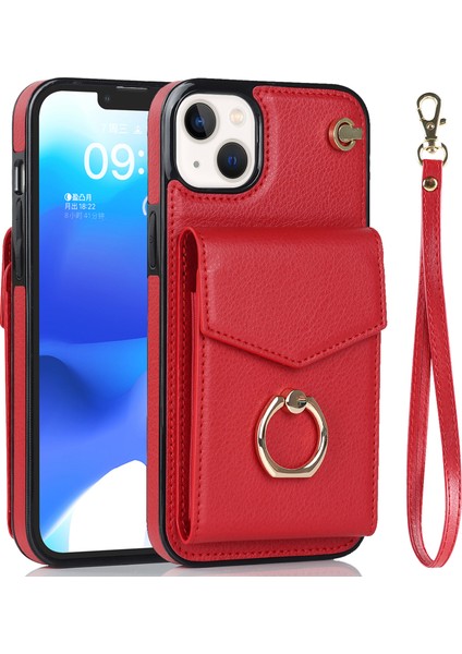 Apple iPhone 13 Mini 5.4 Inç Kasa Akordeon Stili Pu+Tpu Rfıd Engelleme Kickstand Telefon Kapağı Kayış Kırmızısı (Yurt Dışından)