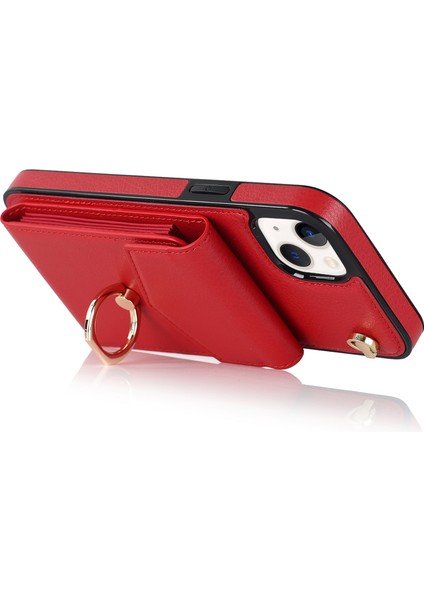 Apple iPhone 13 Mini 5.4 Inç Kasa Akordeon Stili Pu+Tpu Rfıd Engelleme Kickstand Telefon Kapağı Kayış Kırmızısı (Yurt Dışından) modelleri