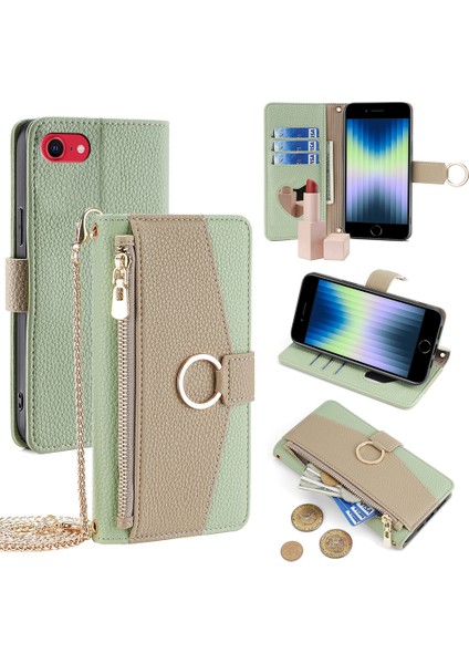 Apple iPhone 7/8 Case Metal Ring Zipper Cep Crossbody Telefon Kapak Yeşili (Yurt Dışından)