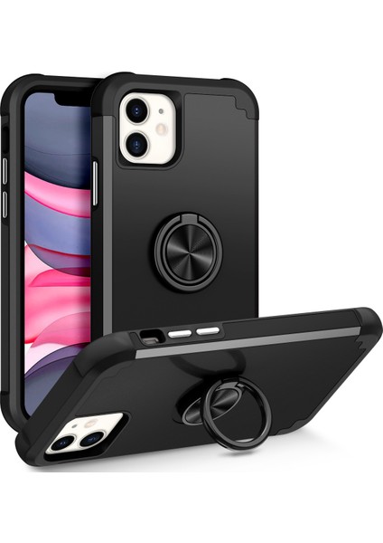 Apple iPhone 11 Case Pc+Tpu Hybrid Telefon Geri Kapak Ring Tutucu-Black (Yurt Dışından)