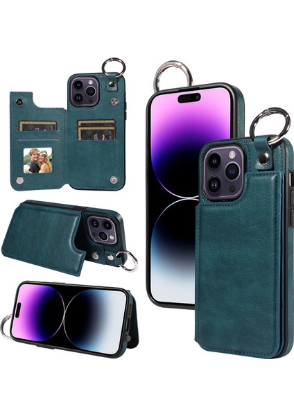 Apple iPhone 14 Pro 14 Pro Vasal Damalı Pu Deri+Tpu Telefon Kapağı Kickstand Shell-Blue Green (Yurt Dışından)