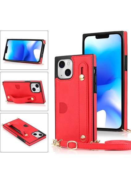 Apple iPhone 14 Plus Için Vaka Şok Geçirmez Pu Deri Kaplamalı Tpu Kayış Kickstand Koruyucu Arka Kapak Kırmızısı (Yurt Dışından)