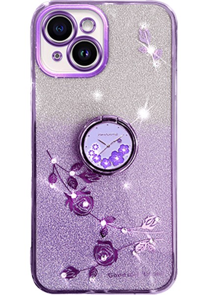 Apple iPhone 13 Için Cep Telefonu Kasası 6.1 Inç Yüzük Kickstand Çiçek Deseni Glitter Bump Kanıtı Tpu Kapak-Moral (Yurt Dışından)