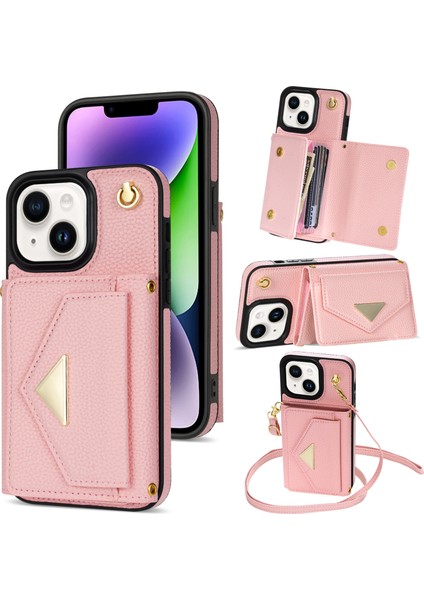 Apple iPhone 14 Plus Case Organ Kartı Çantası Için Iyi Korunmuş Pu Deri+Tpu Kabuğu Omuz Kayışı Pembe (Yurt Dışından)