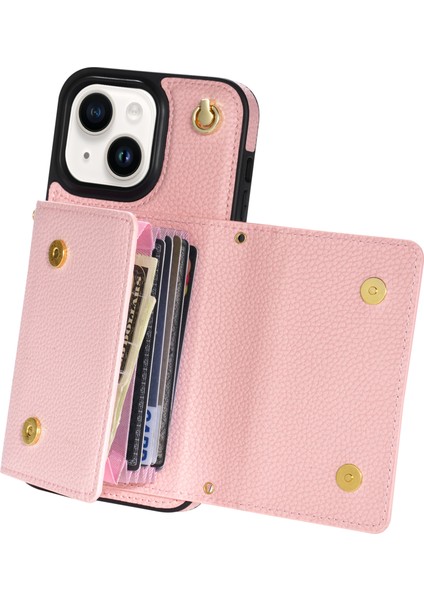 Apple iPhone 14 Plus Case Organ Kartı Çantası Için Iyi Korunmuş Pu Deri+Tpu Kabuğu Omuz Kayışı Pembe (Yurt Dışından)