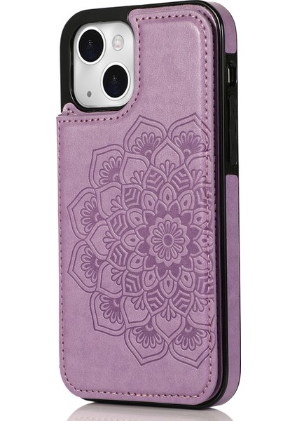 Apple iPhone 14 Plus Içinplus Cep Telefonu Kılıfı Için Basılı Mandala Çiçek Pu Derisi+Tpu Arka Kabuk-Mor (Yurt Dışından)