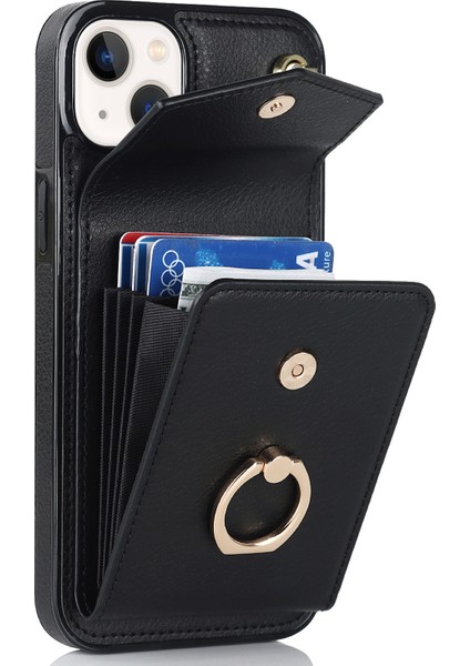 Apple iPhone 13 Mini 5.4 Inç Kasa Akordeon Stili Pu+Tpu Rfıd Engelleme Kickstand Telefon Kapağı Kayış-Siyah ile (Yurt Dışından)