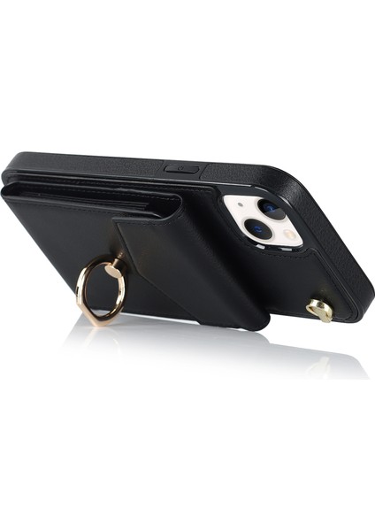 Apple iPhone 13 Mini 5.4 Inç Kasa Akordeon Stili Pu+Tpu Rfıd Engelleme Kickstand Telefon Kapağı Kayış-Siyah ile (Yurt Dışından)