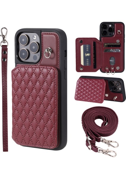 Apple iPhone 13 Pro Max Için 6.7 Inç Şok Geçirmez Telefon Kasası Rfıd Engelleme Pu+Tpu Telefon Kabuğu Straps-Wine Red ile (Yurt Dışından)