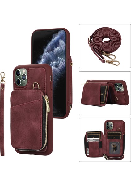 Apple iPhone 11 Pro Max Cep Telefon Kılıfı Pu Deri+Tpu Kickstand Cover-Wine Red (Yurt Dışından)