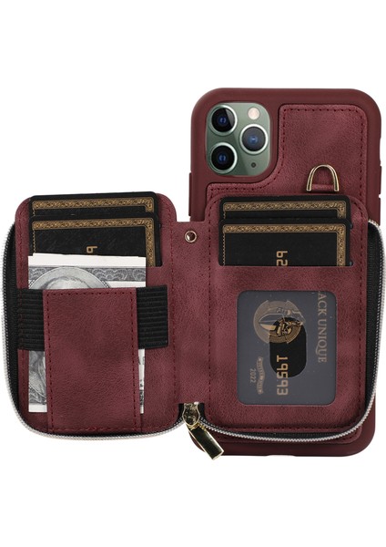 Apple iPhone 11 Pro Max Cep Telefon Kılıfı Pu Deri+Tpu Kickstand Cover-Wine Red (Yurt Dışından)