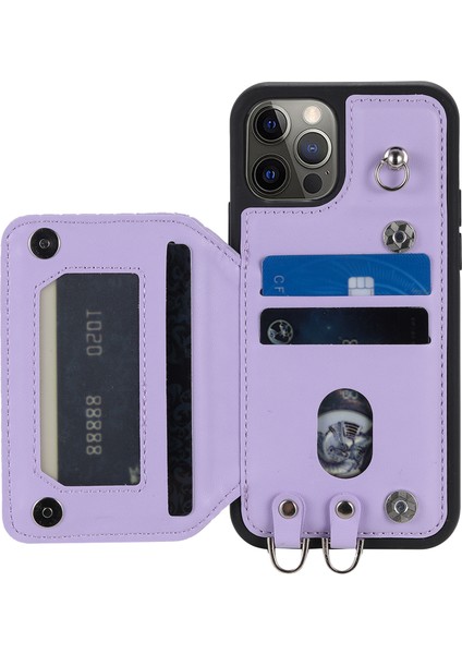 Apple iPhone 12/12 Pro 6.1 Inç Kickstand Pu Deri+Tpu Rfıd Engelleme Telefon Kabuğu Bilek Kayış-Mor ile (Yurt Dışından)