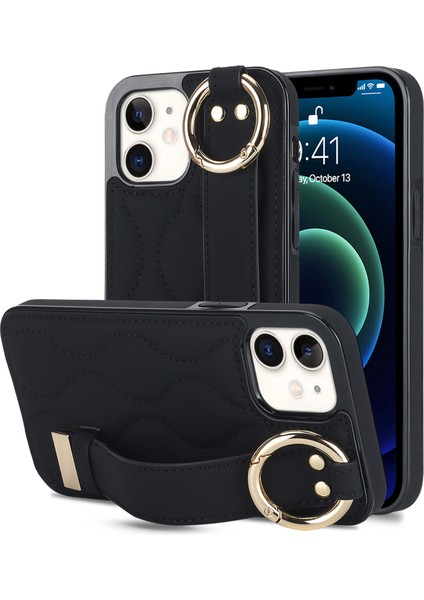 Apple iPhone 12 Mini Case Wave Desen Pu+Tpu Kickstand Telefon Kapağı Black Için (Yurt Dışından)