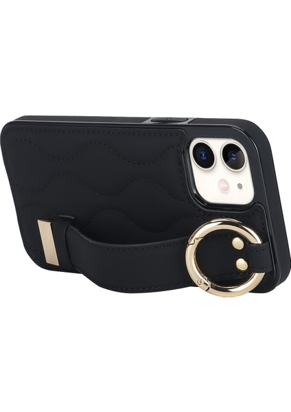 Apple iPhone 12 Mini Case Wave Desen Pu+Tpu Kickstand Telefon Kapağı Black Için (Yurt Dışından)