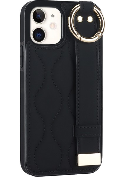 Apple iPhone 12 Mini Case Wave Desen Pu+Tpu Kickstand Telefon Kapağı Black Için (Yurt Dışından)