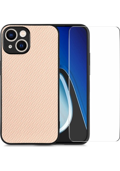 Apple iPhone 14 Plus Içintelefon Kapağı Artı Karbon Fiber Deri+Pc Kılıfı Yüksek Alüminyum Silicon Cam Film-Khaki (Yurt Dışından)