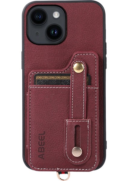Apple iPhone 14 Plus Içinlitchi Doku Pu Deri Kaplamalı Tpu+Pc Telefon Kapak Kartı Tutucu Kickstand Case-Purplish Kırmızı (Yurt Dışından)