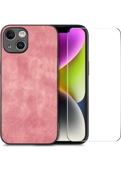 Apple iPhone 14 Plus Vintage Pu Deri Kaplamalı Pc Telefon Kapağı Açık Yüksek Alüminyum Silicon Cam Film-Pembe (Yurt Dışından)
