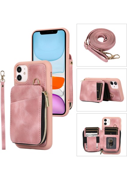 Apple iPhone 11 Cep Telefonu Kasası Çizik Dirençli Pu Deri+Tpu Kickstand Kapak Pembe (Yurt Dışından)