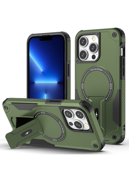 Apple iPhone 13 Pro 6.1 Inç Kasa Kickstand Tpu+Pc Telefon Kapağı Magsafe-Army Green ile Uyumlu (Yurt Dışından)