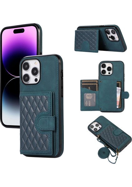 Apple iPhone 14 Pro Max Case Deri Deri Tpu Kapak Arka Kartı Tutucu Omuz Kayış Yeşili (Yurt Dışından)