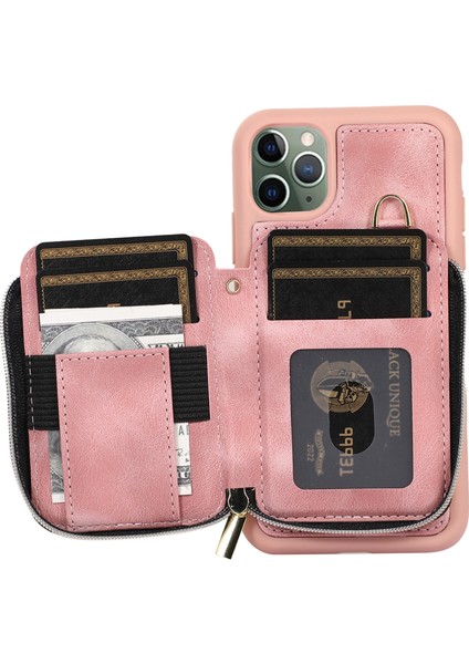 Apple iPhone 11 Pro Cep Telefonu Kılıfı Bırak Kanıt Pu Deri+Tpu Kickstand Kapak-Pembe (Yurt Dışından)