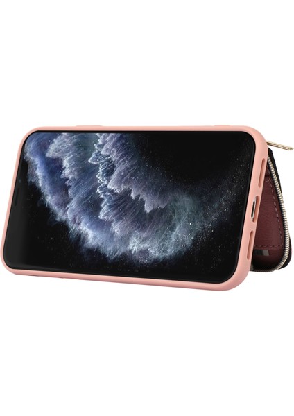 Apple iPhone 11 Pro Cep Telefonu Kılıfı Bırak Kanıt Pu Deri+Tpu Kickstand Kapak-Pembe (Yurt Dışından)