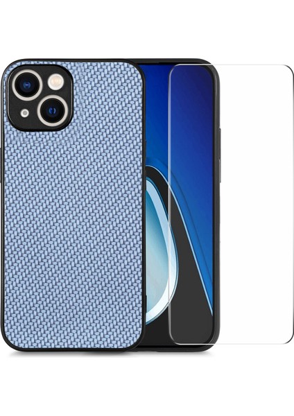 Apple iPhone 14 Plus Içintelefon Kapağı Plus Yüksek Alüminyum Silicon Cam Film Mavisi ile Karbon Fiber Deri+Pc Kılıfı (Yurt Dışından)